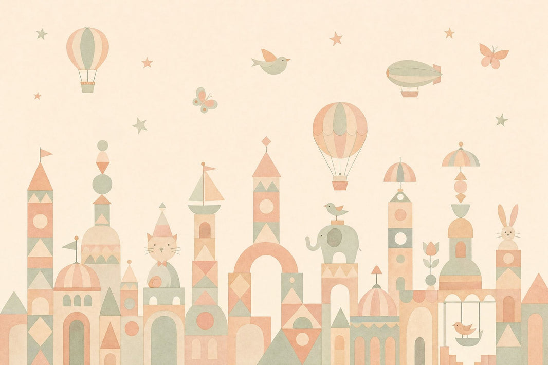 Pastel Cityscape Wallpaper Nursery Wallpaper Removable Hot Air Balloons Wall Decor pattern artwork