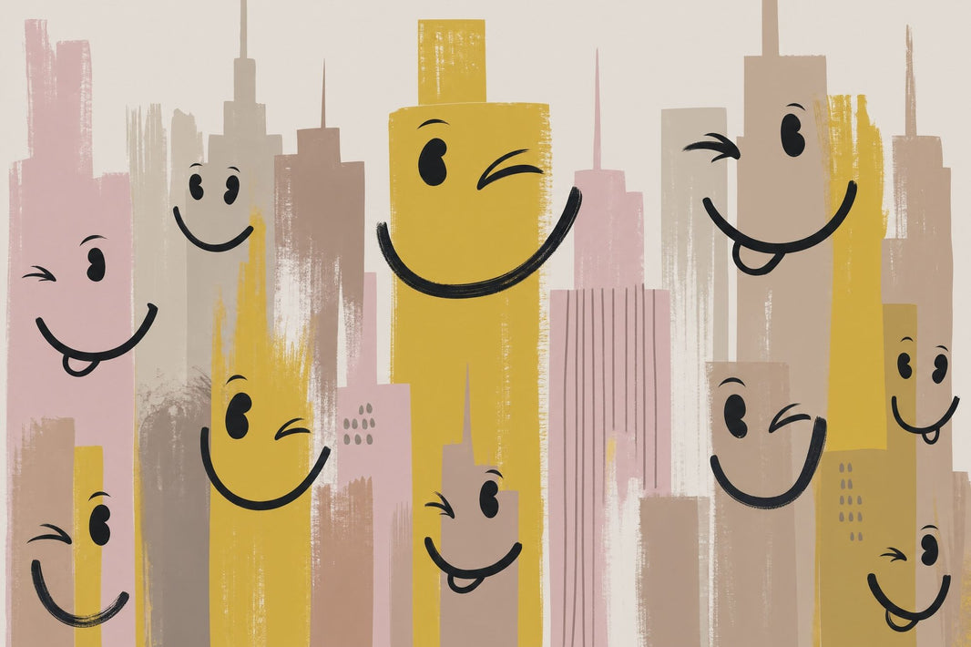 Playful Cityscape Wallpaper Smiling Buildings Whimsical Wallpaper Removable Wall Decor pattern artwork