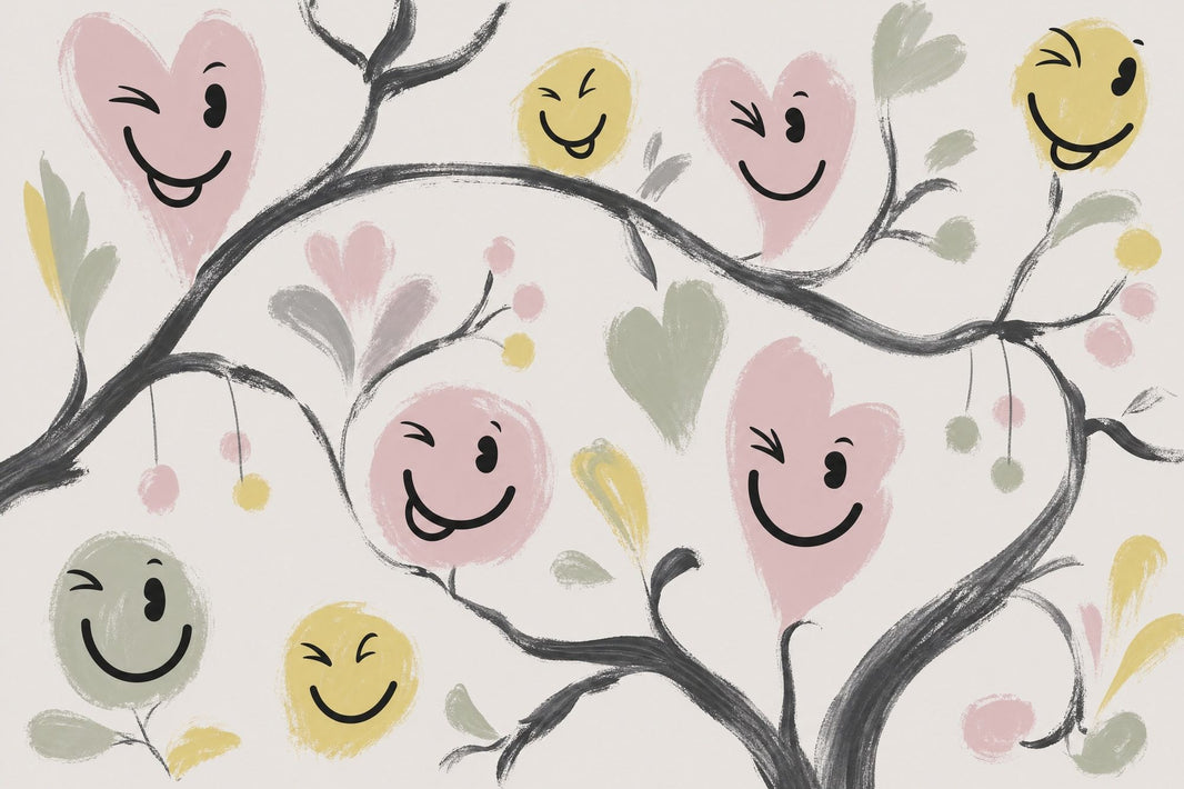 Whimsical Floral Wallpaper Smiley Faces Heart Flowers Wall Mural pattern artwork