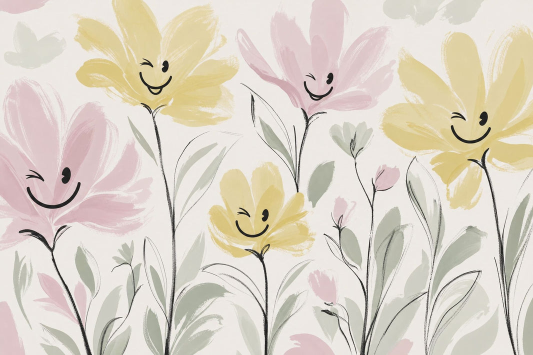 Smiling Flowers Wallpaper Pastel Removable Botanical Wall Decor pattern artwork