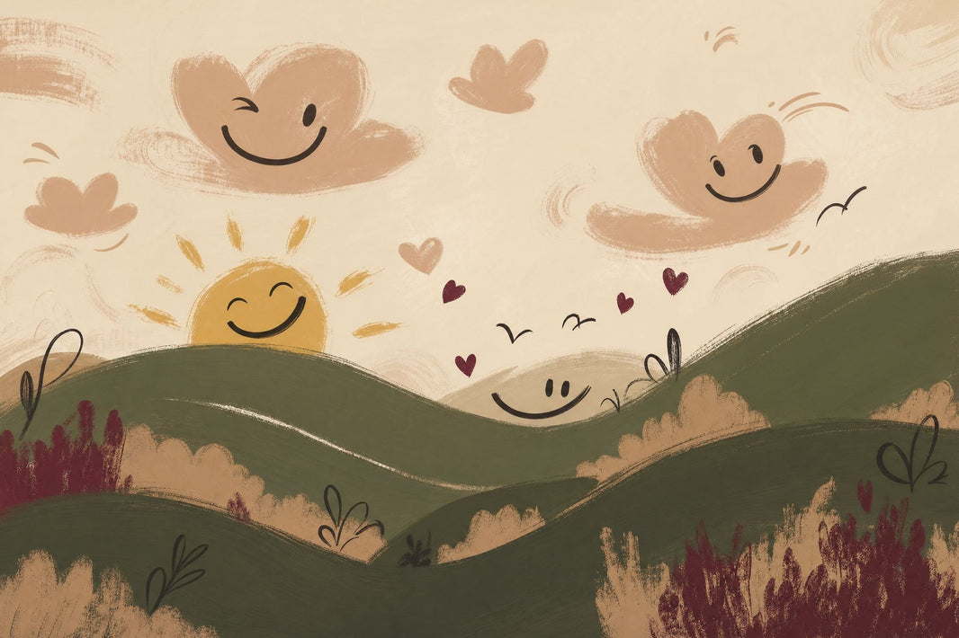 Whimsical Landscape Wallpaper Rolling Hills Smiling Sun Removable Wall Decor pattern artwork