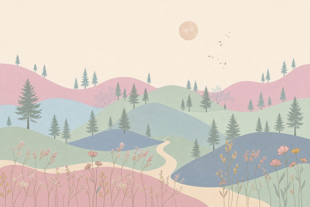 Pastel Landscape Wallpaper Rolling Hills Pine Trees Wall Mural pattern artwork