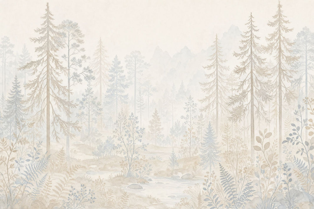 Watercolor Forest Wallpaper Pine Trees Misty Mountains Removable Wall Decor pattern artwork