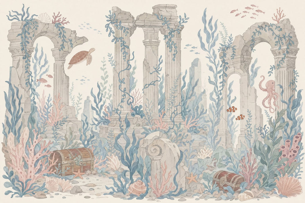 Underwater Ruins Wallpaper Coastal Watercolor Removable Wall Decor pattern artwork
