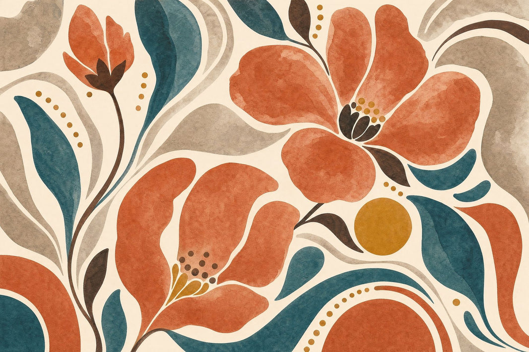 Terracotta Flowers Wallpaper Teal Leaves Cream Background Removable Wall Decor pattern artwork