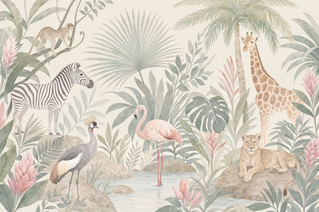Tropical Jungle Wallpaper Safari Animals Watercolor Removable Wall Decor pattern artwork