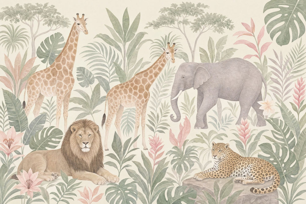 Safari Animals Wallpaper Jungle Mural Removable Tropical Foliage Wall Decor pattern artwork