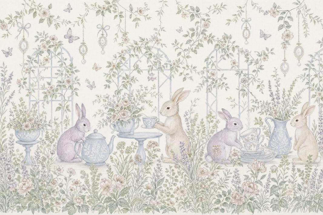 Rabbit Garden Wallpaper Floral Wallpaper Tea Party Removable Wall Decor pattern artwork
