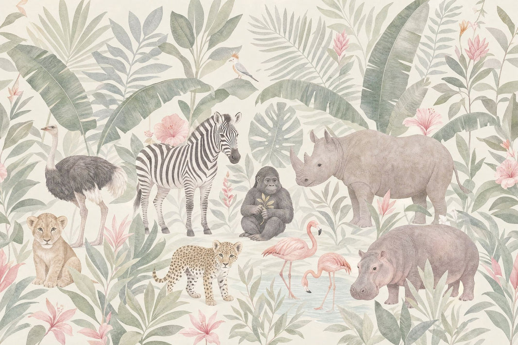 Tropical Jungle Wallpaper Safari Animals Removable Watercolor Wall Decor pattern artwork