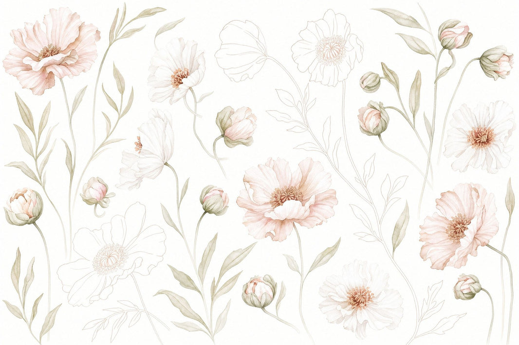 White Background Wallpaper Light Floral Soft Botanical Wall Mural pattern artwork