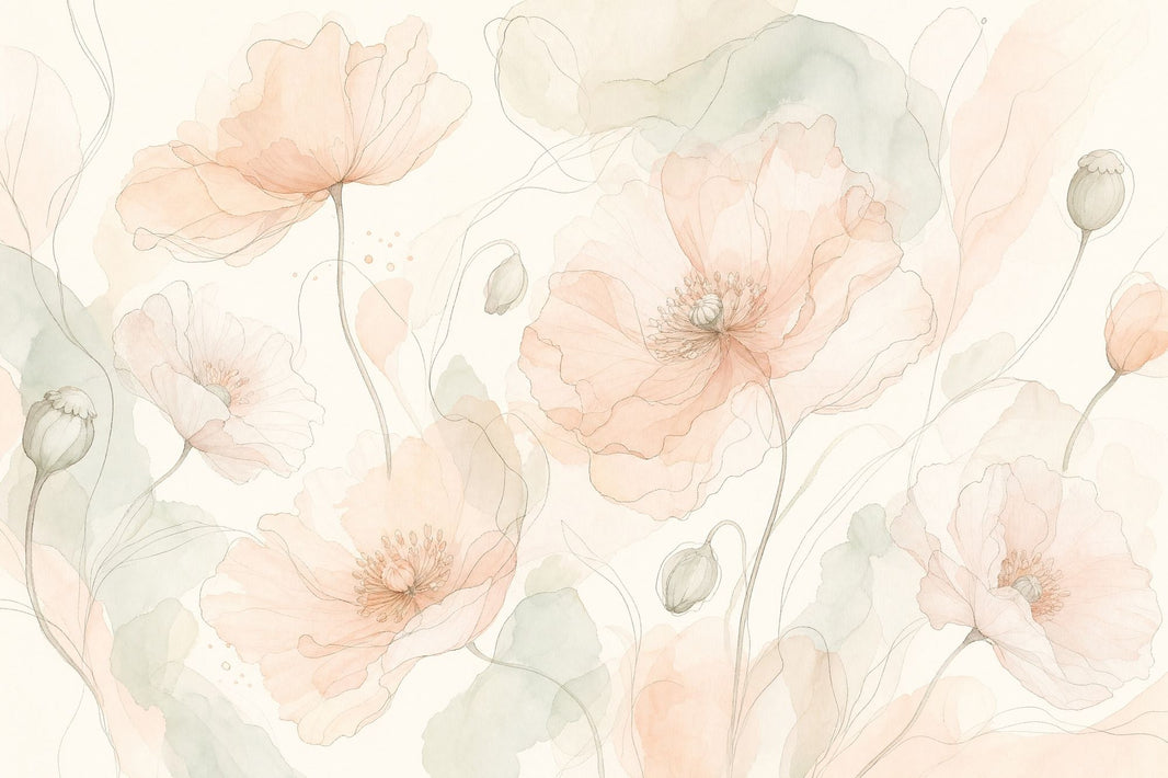 Poppy Flowers Wallpaper Botanical Removable Ivory Background Wall Decor pattern artwork