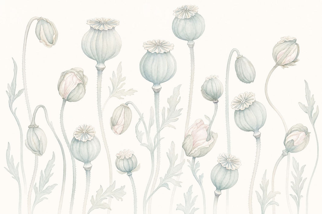 Poppy Pods Wallpaper Botanical Ivory Background Removable Wall Decor pattern artwork