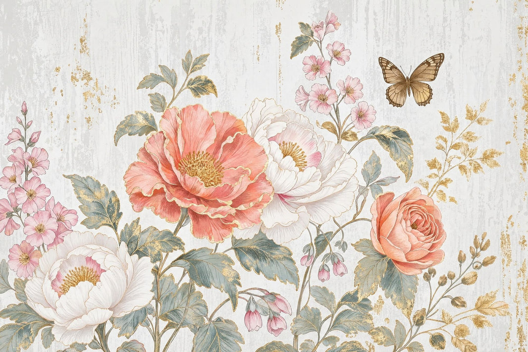 Peonies Wallpaper Vintage Removable Butterfly Wall Decor pattern artwork