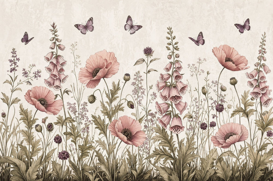 Botanical Wallpaper Wildflowers Removable Butterflies Wall Decor pattern artwork
