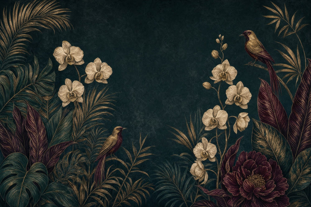Dark Botanical Wallpaper Tropical Foliage Orchids Removable Wall Decor pattern artwork