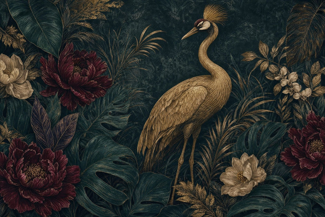 Dark Tropical Wallpaper Crane Removable Botanical Wall Decor pattern artwork