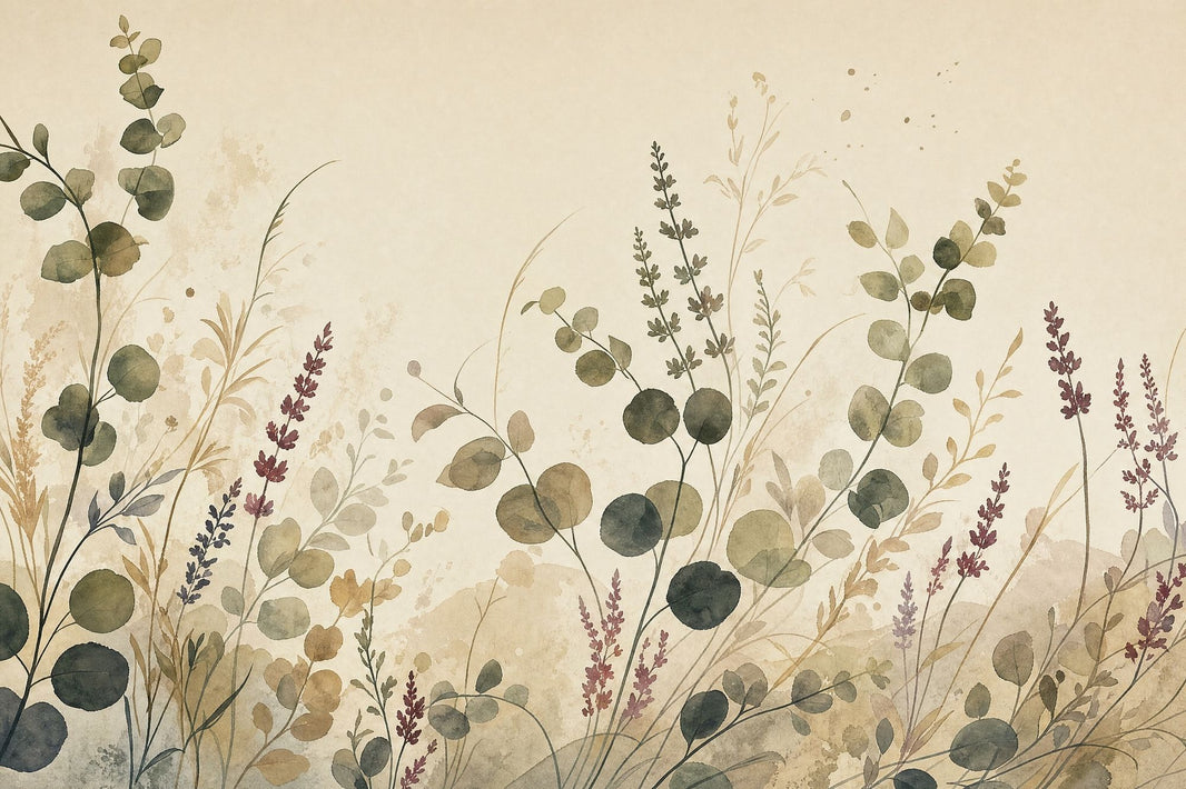 Watercolor Botanical Wallpaper Wildflowers Eucalyptus Leaves Wall Mural pattern artwork