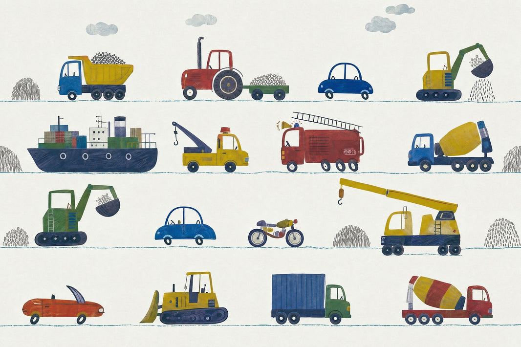 White Background Wallpaper Kids Room Construction Vehicles Wall Mural pattern artwork