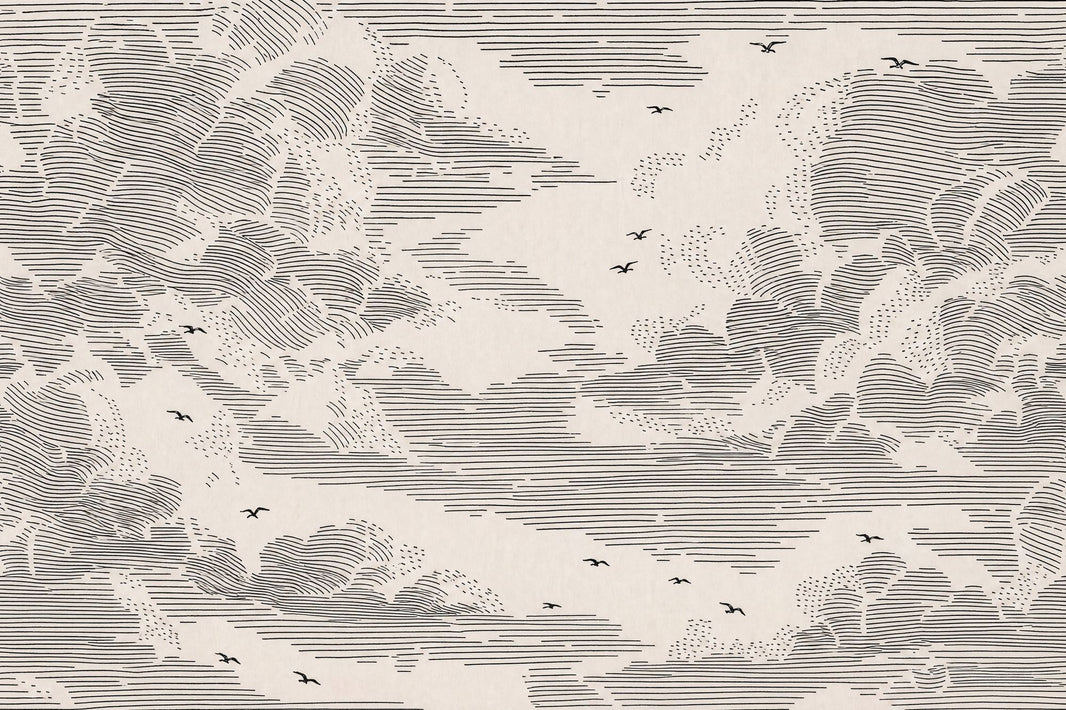 Cloudscape Wallpaper Ivory Background Removable Black Linework Wall Decor pattern artwork