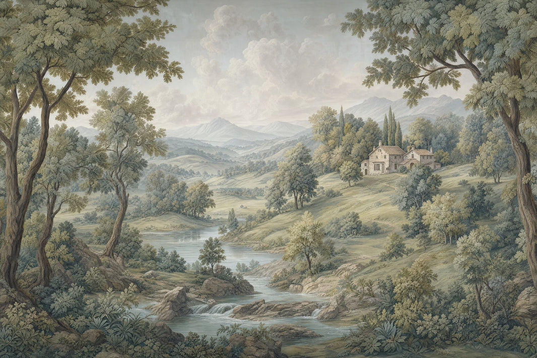 Cloudy Sky Wallpaper Pastoral Landscape Rustic Villa Wall Mural pattern artwork