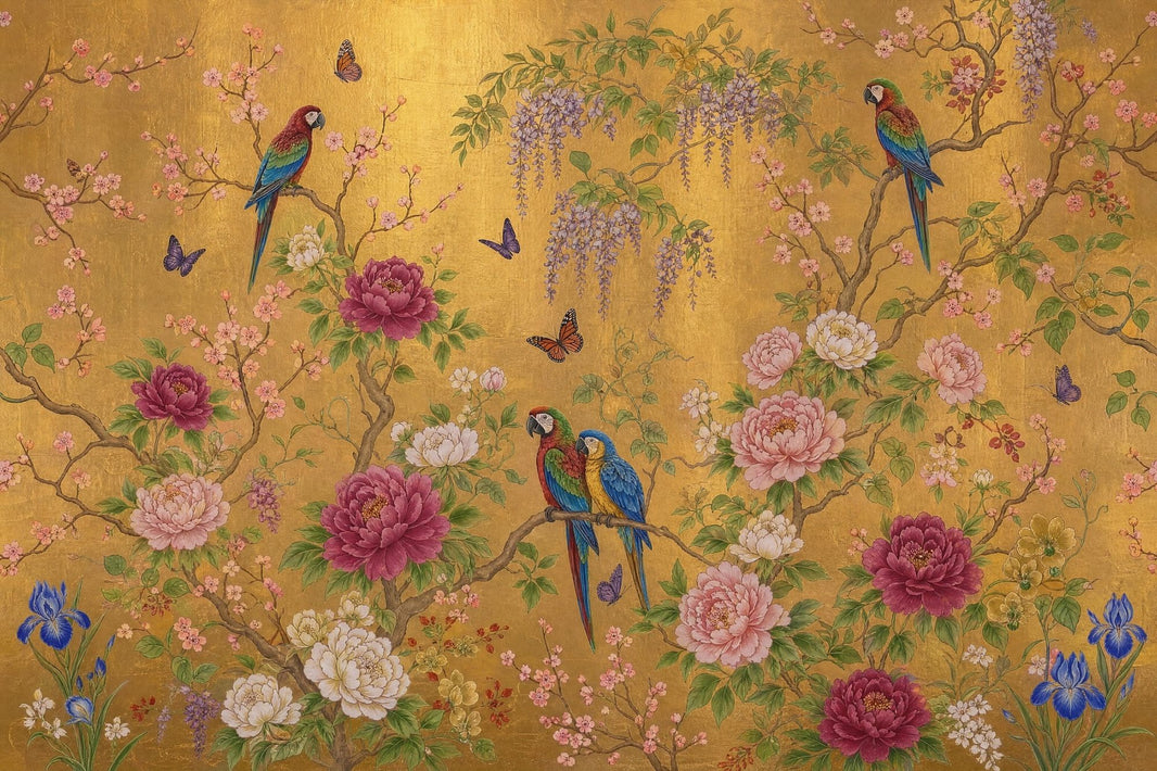 Pink Cherry Wallpaper Cherry Blossom Parrot Wall Mural pattern artwork