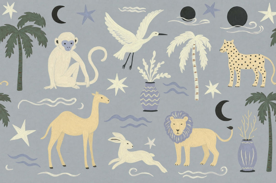 Tropical Safari Wallpaper Painted Animals Removable Celestial Motifs Wall Decor pattern artwork
