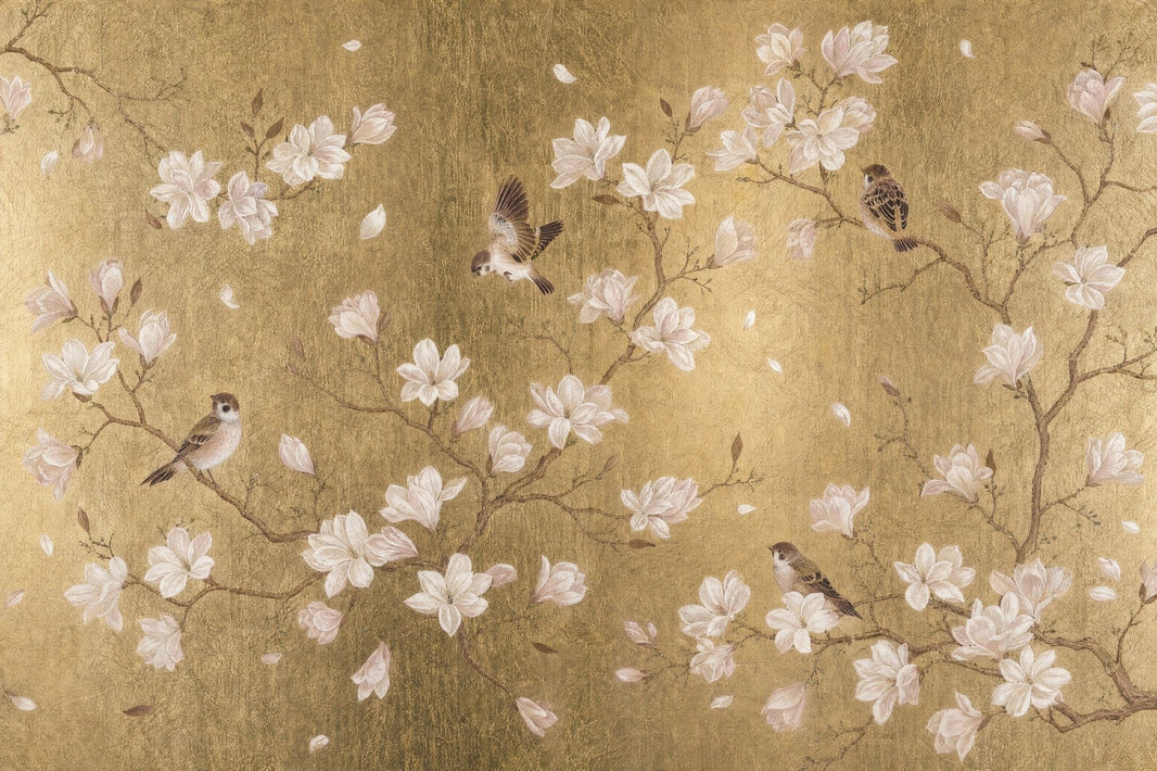 Gold Floral Wallpaper Chinoiserie Removable Magnolia Flowers Wall Decor pattern artwork