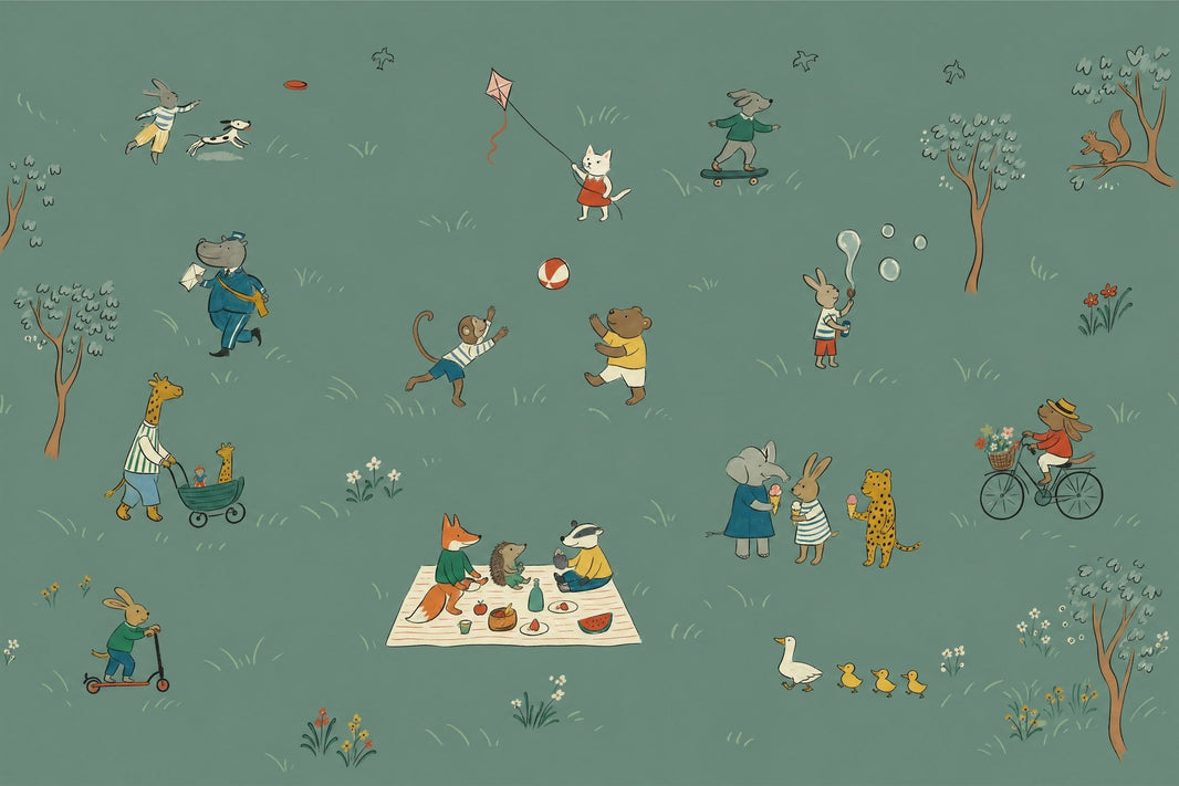 Muted Green Wallpaper Storybook Kids Removable Wall Decor pattern artwork