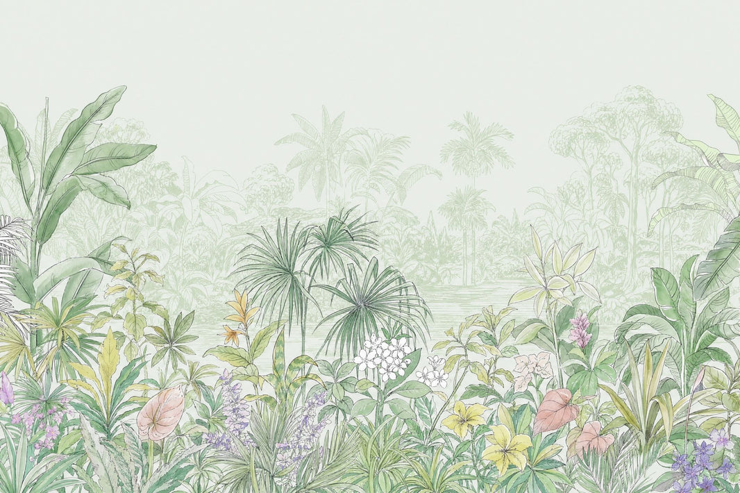 White Background Wallpaper Tropical Botanical Wall Mural pattern artwork