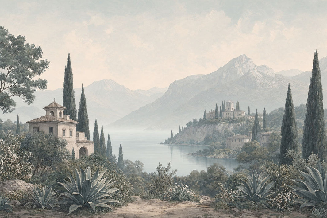 Scenic Landscape Wallpaper Mediterranean Coast Vintage Villa Wall Mural pattern artwork