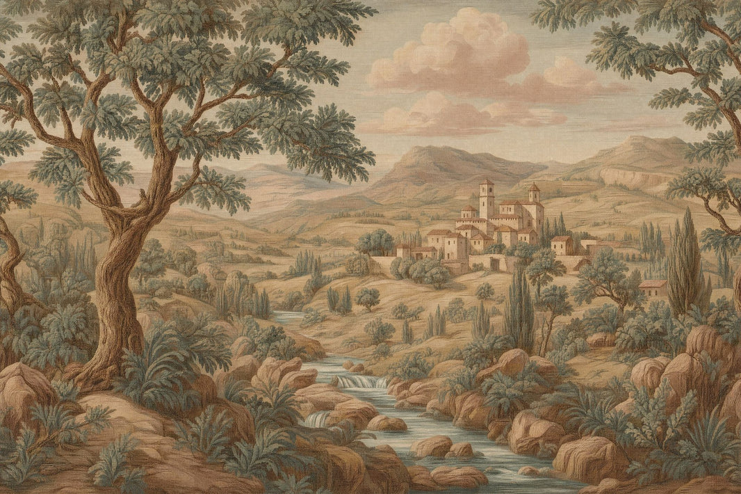 Vintage Landscape Wallpaper Tuscan Countryside Mediterranean Village Wall Mural pattern artwork