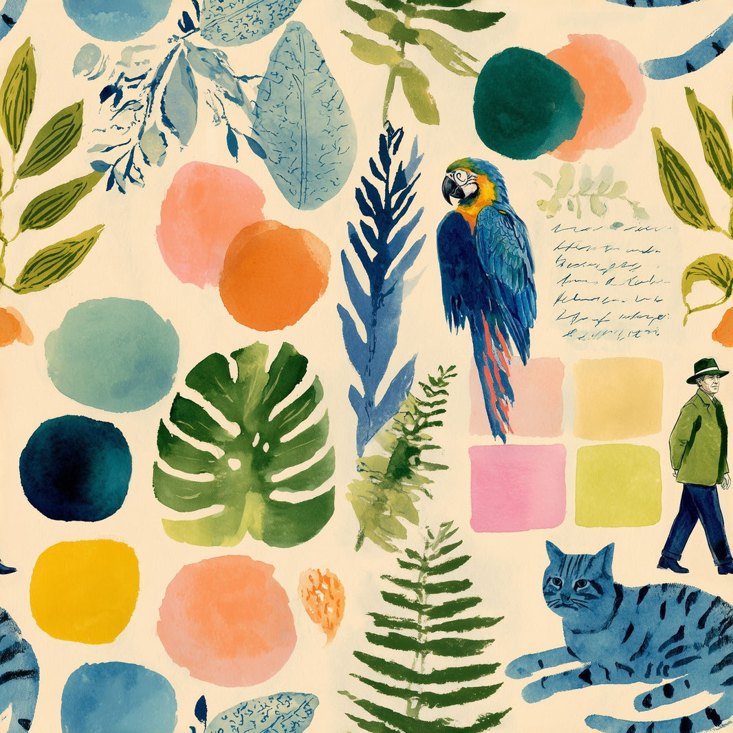 Parrot Macaw Wallpaper Botanical Leaves Removable Eclectic Collage Wall Double Roll pattern artwork