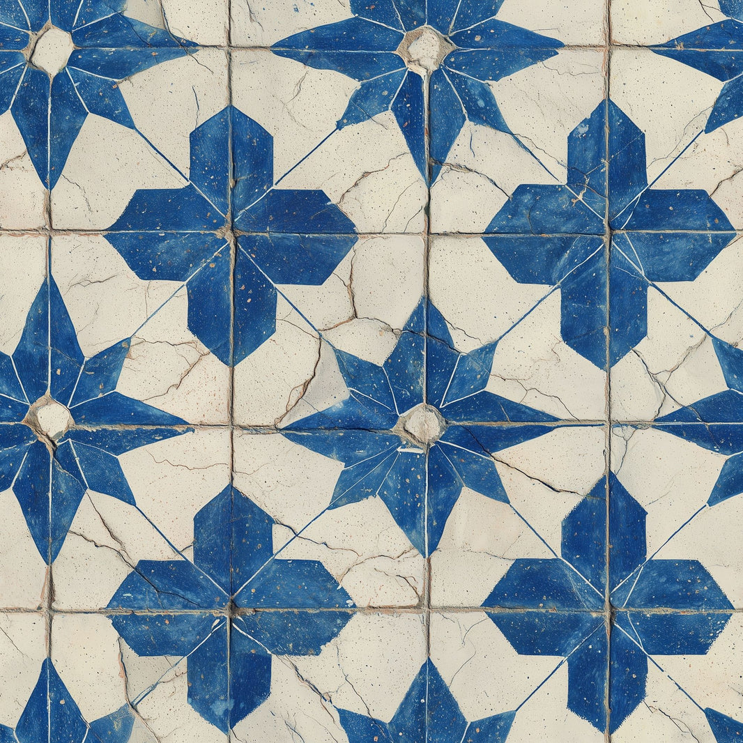 Geometric Tile Wallpaper Blue And White Starburst Rosette Decorative Mural pattern artwork