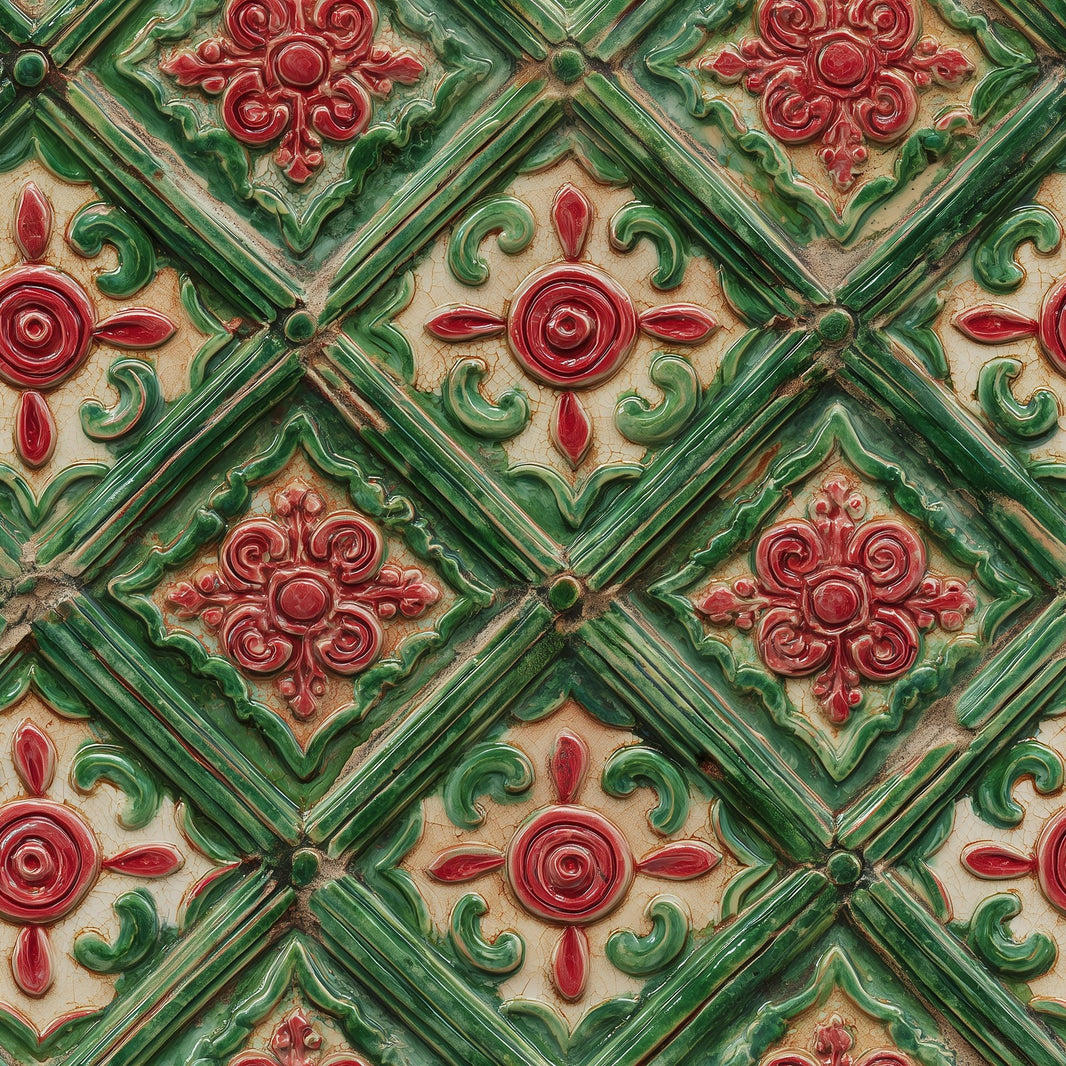 Ornamental Tile Wallpaper Raised Relief Green Lattice Removable Wall Decor pattern artwork
