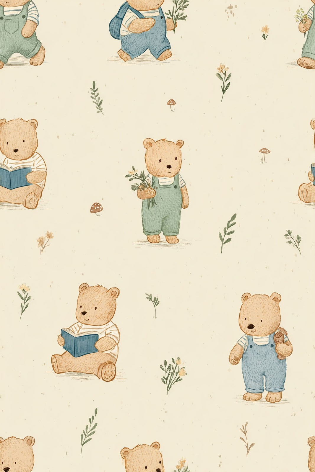 Nursery Wallpaper Teddy Bears Cream Background Decorative Mural pattern artwork