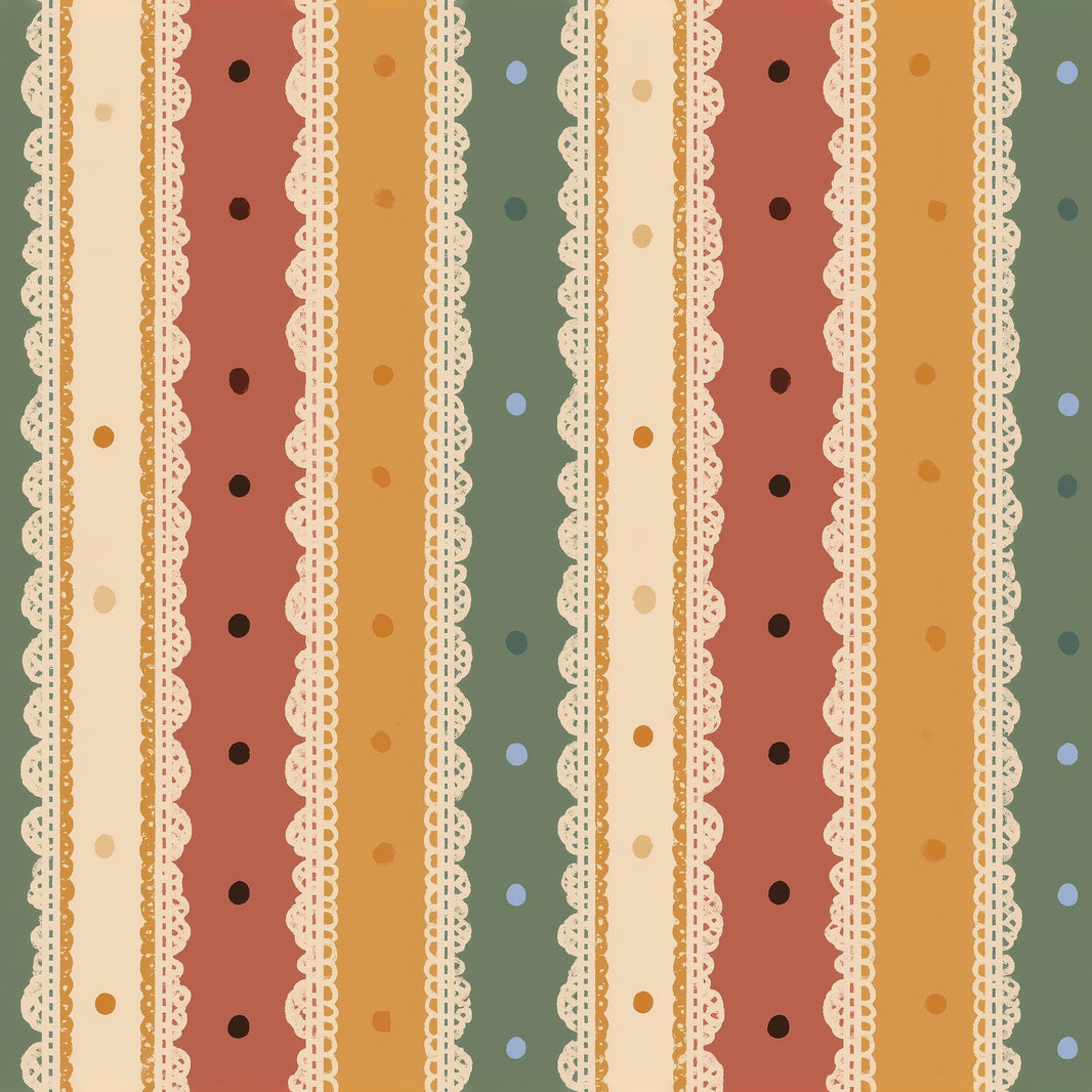 Vertical Stripes Wallpaper Lace Scallop Trim Retro Palette Decorative Mural pattern artwork