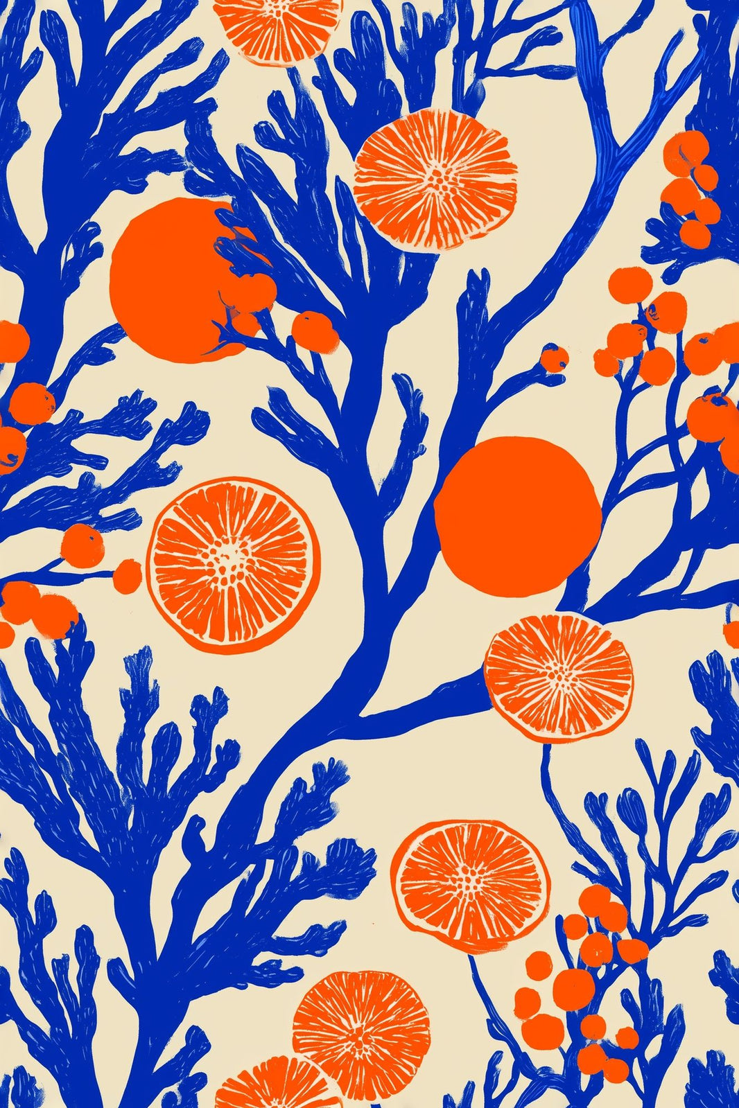 Orange Slices Wallpaper Cobalt Blue Mediterranean Removable Wall Decor pattern artwork