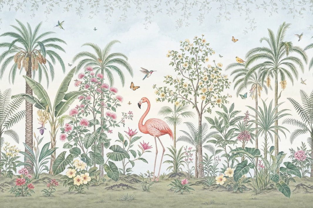 Tropical Garden Wallpaper Flamingo Hummingbirds Wall Mural pattern artwork