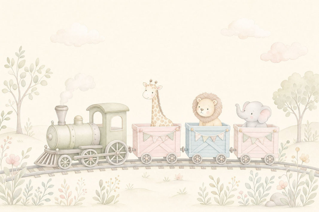 Nursery Train Wallpaper Watercolor Animals Removable Safari Animals Wall Decor pattern artwork