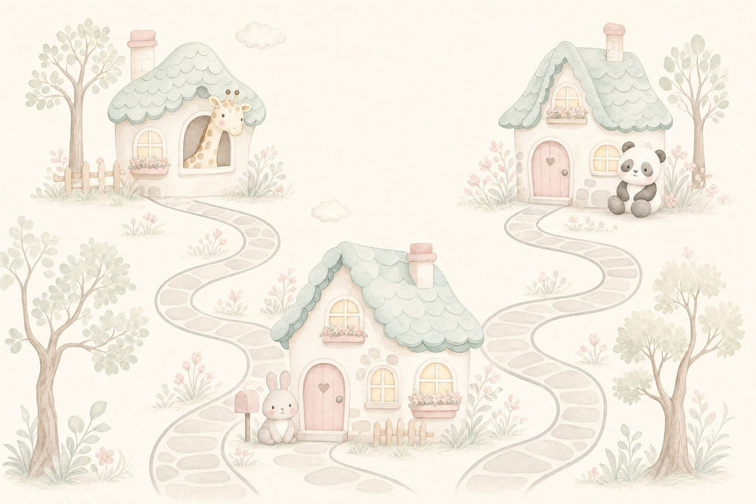 Cottage Village Wallpaper Watercolor Nursery Wall Mural pattern artwork