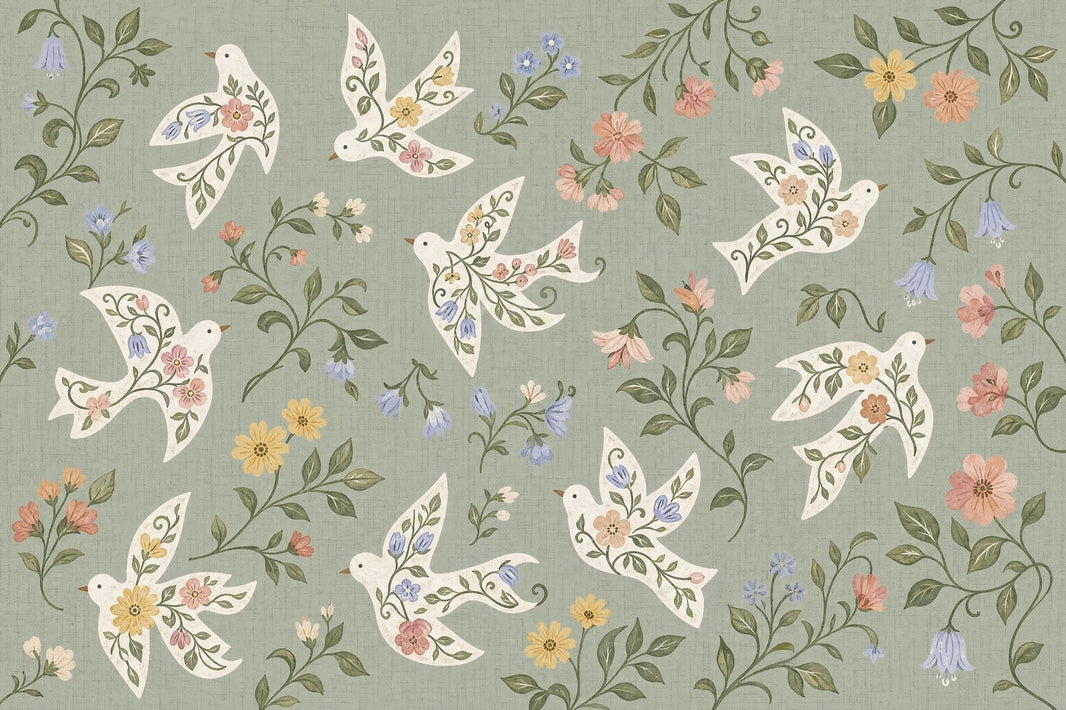 Floral Birds Wallpaper White Doves Sage Green Wall Mural pattern artwork