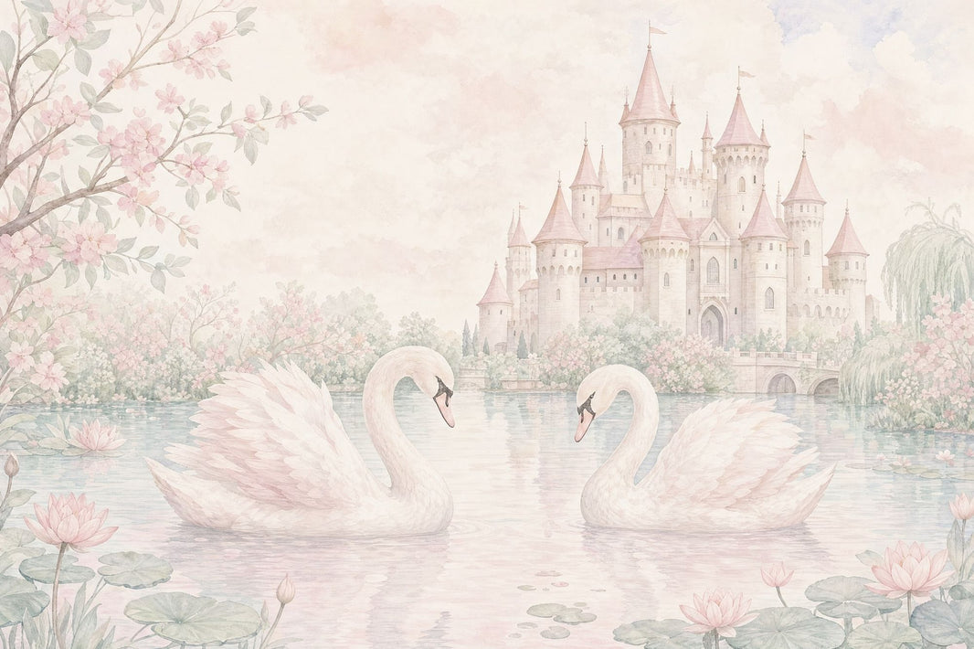 Fairy Tale Castle Wallpaper Swans Watercolor Removable Wall Decor pattern artwork