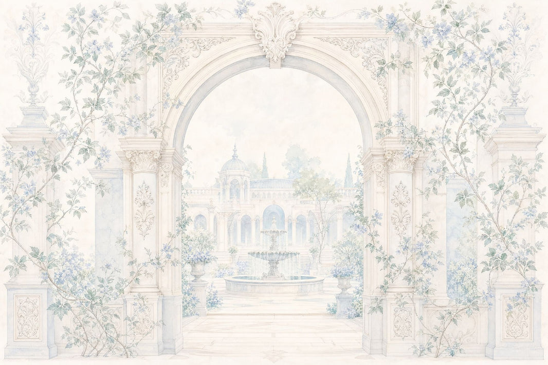 Classical Garden Wallpaper Arched Architecture Fountain Wall Mural pattern artwork