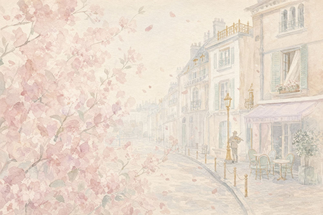 Pink Cherry Wallpaper Muted Green Paris Street Wall Mural pattern artwork