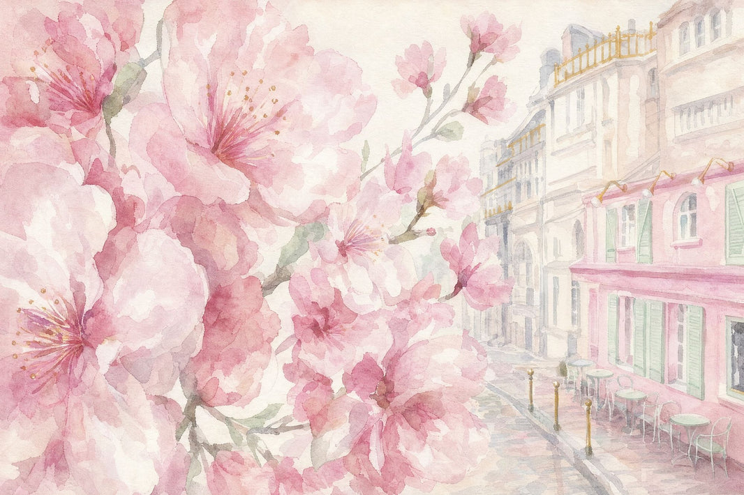 Pink Cherry Wallpaper Muted Green Removable Wall Decor pattern artwork