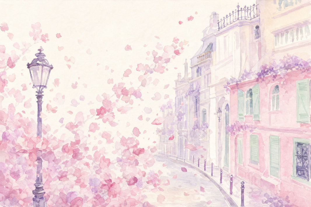 Paris Street Wallpaper Watercolor Pink Blossoms Wall Mural pattern artwork