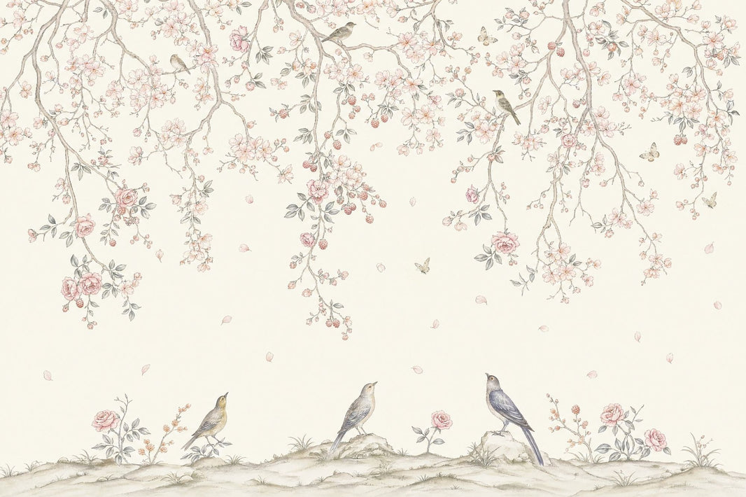 Pink Cherry Wallpaper Blossom Bird Wall Mural pattern artwork