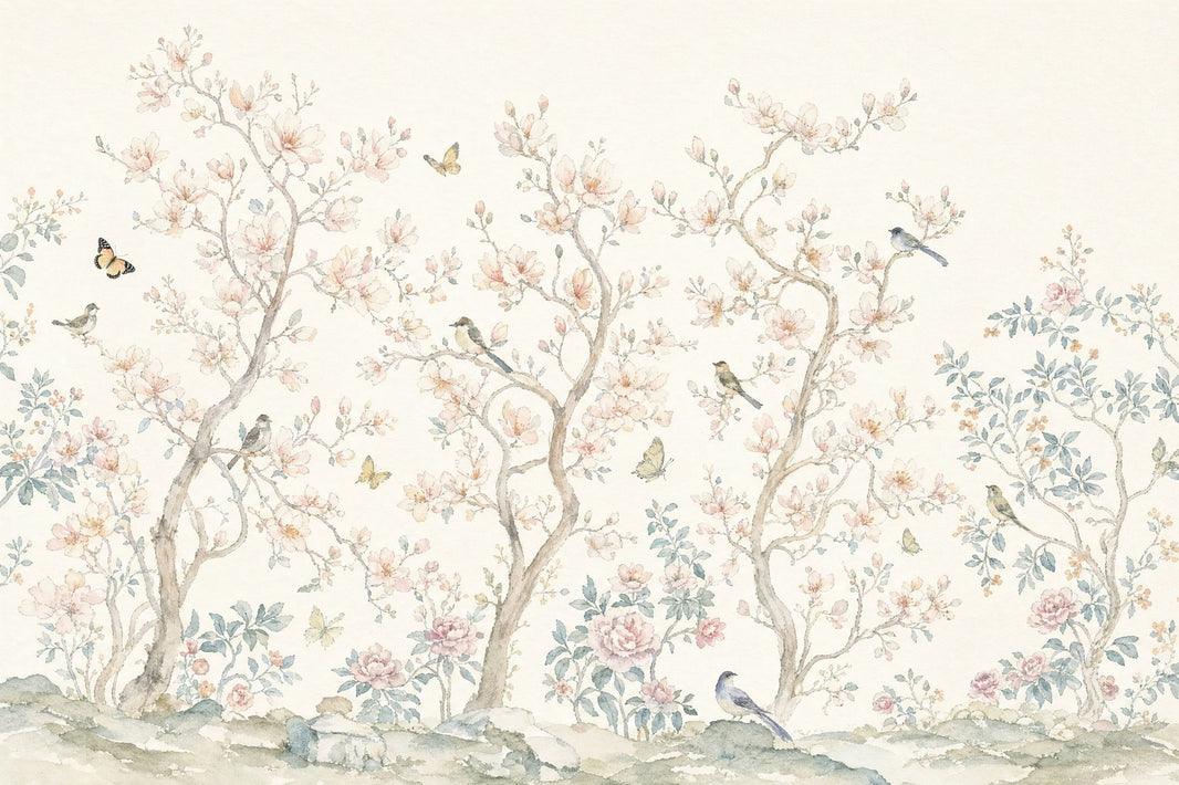 Chinoiserie Wallpaper Watercolor Blossom Trees Removable Wall Decor pattern artwork