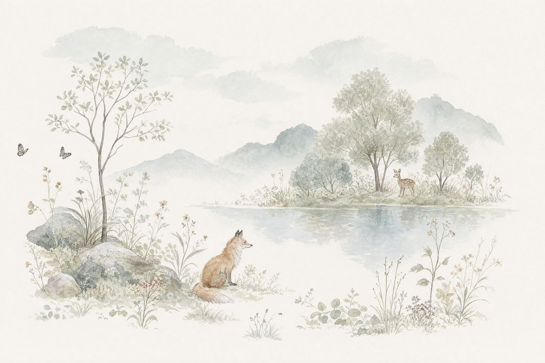 Watercolor Landscape Wallpaper Woodland Fox Wall Mural pattern artwork