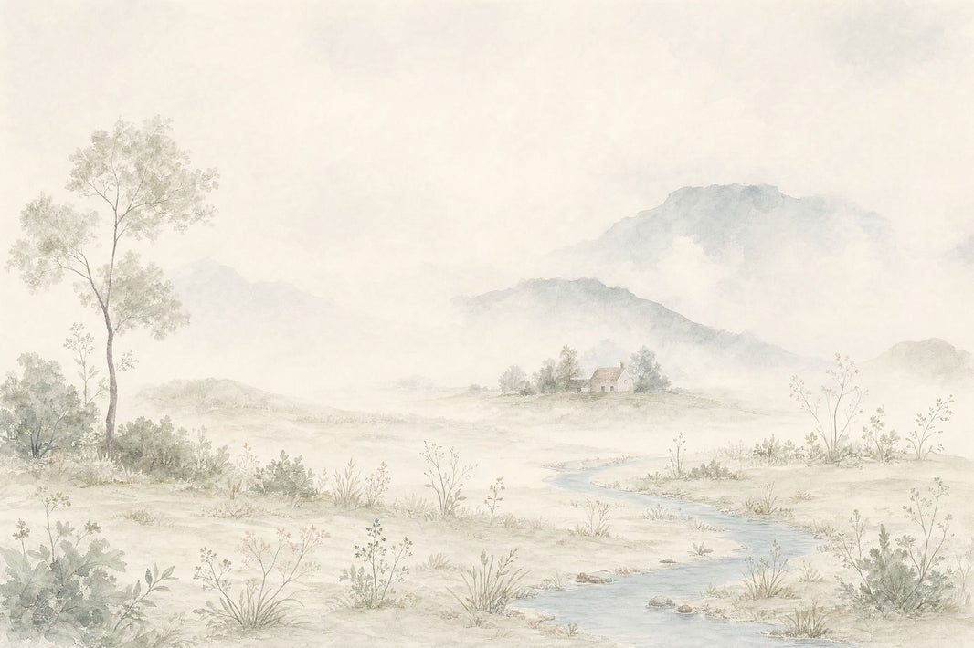 Watercolor Landscape Wallpaper Misty Mountains Pastoral Countryside Wall Mural pattern artwork